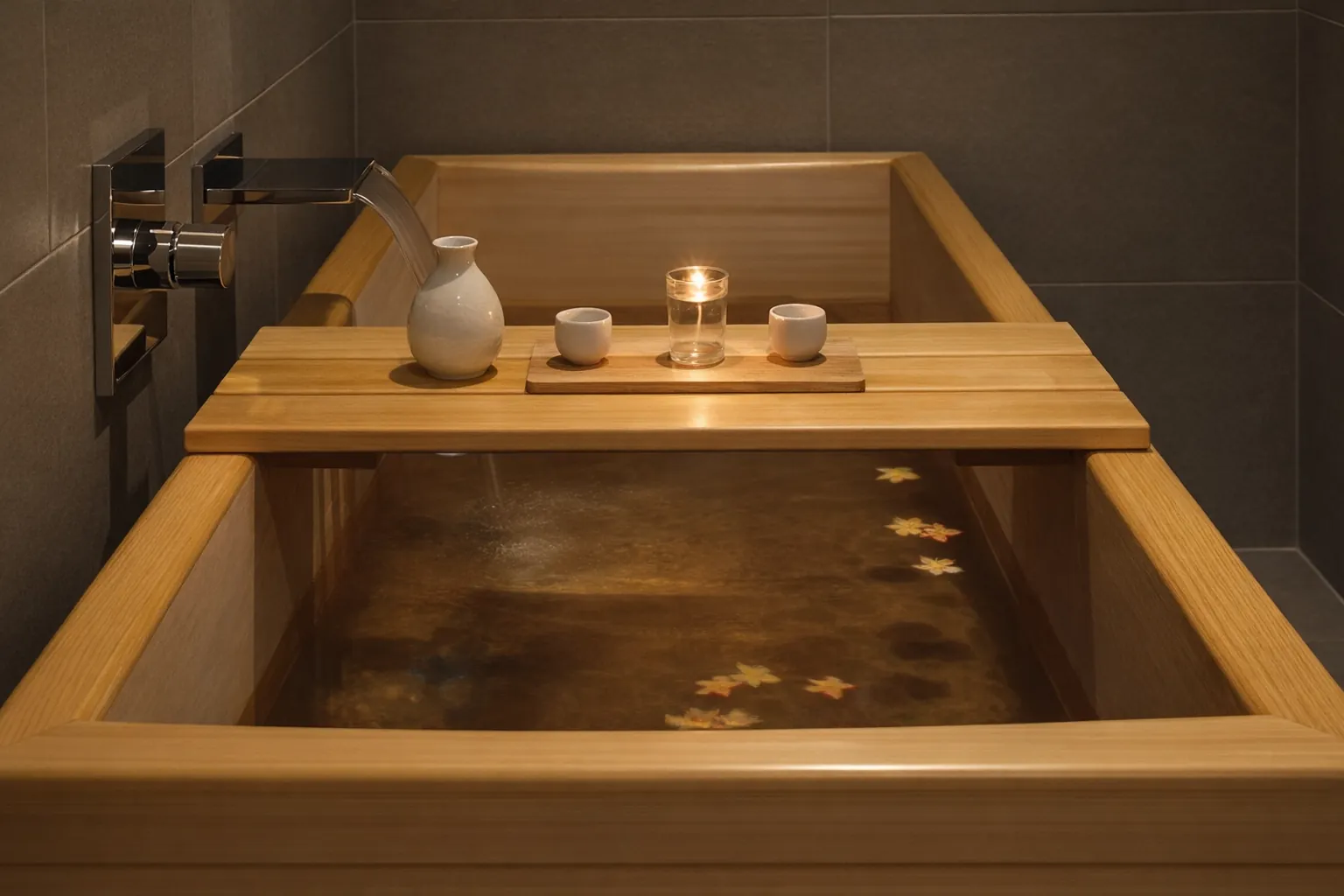 A hinoki wood bath with a sake set and a candle on a wooden tray, maple leaves floating on the water