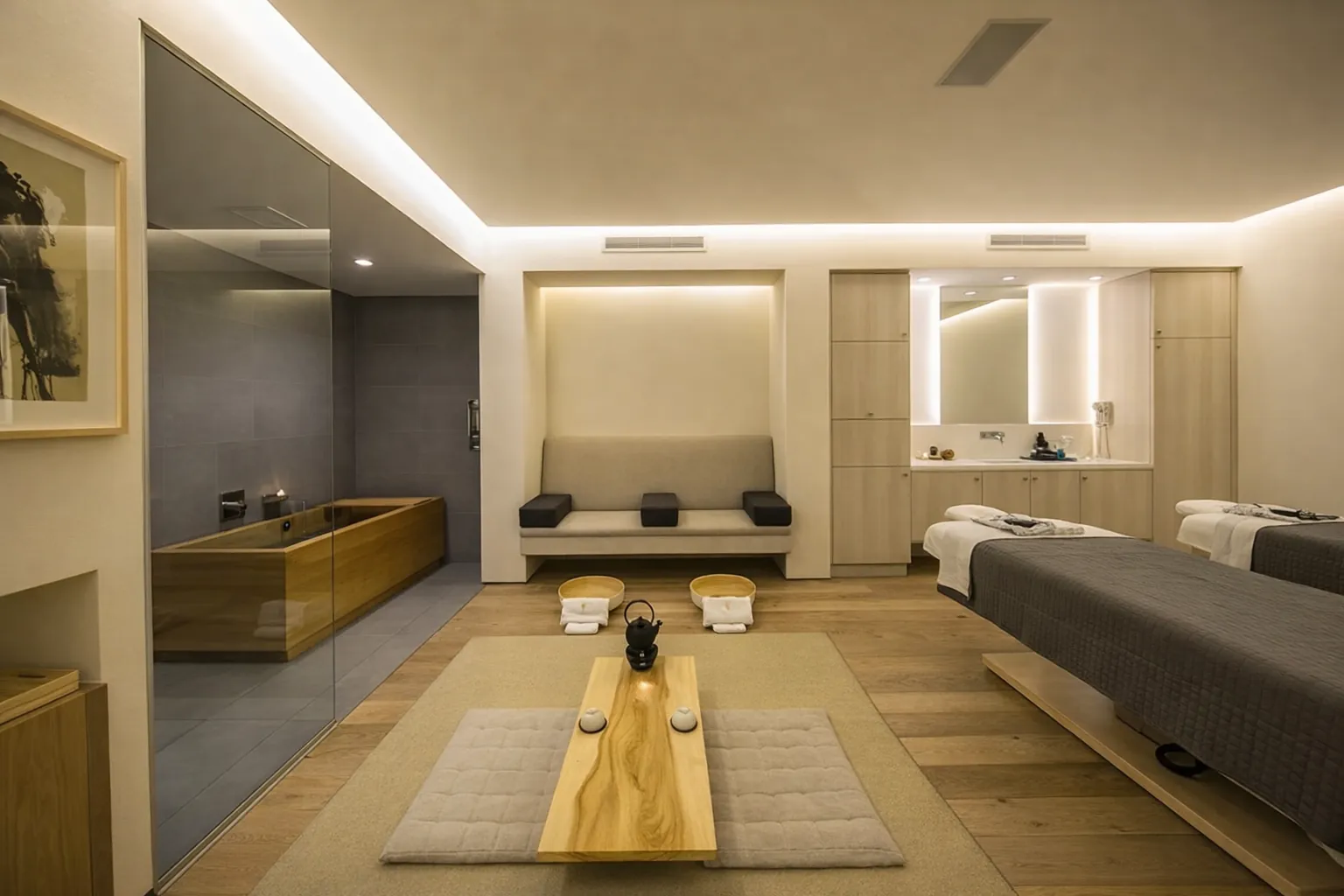 A private couples suite with a hinoki bath behind glass, foot basins, a low tea table and two treatment tables